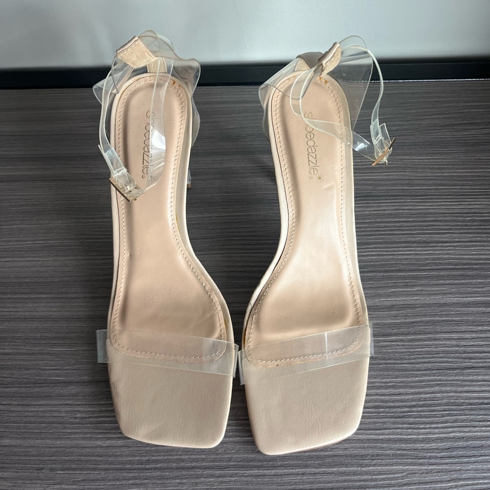 Tan shoedazzle heels with clear straps
